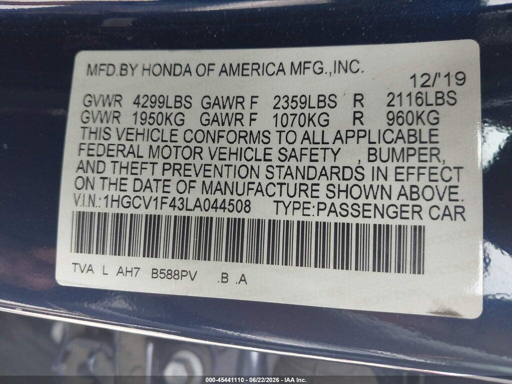1HGCV1F43LA044508 2020 HONDA ACCORD photo no. 9