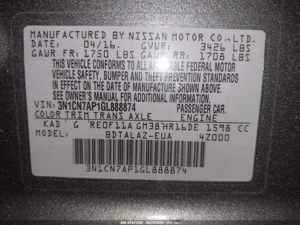 3N1CN7AP1GL888874 2016 NISSAN VERSA photo no. 9