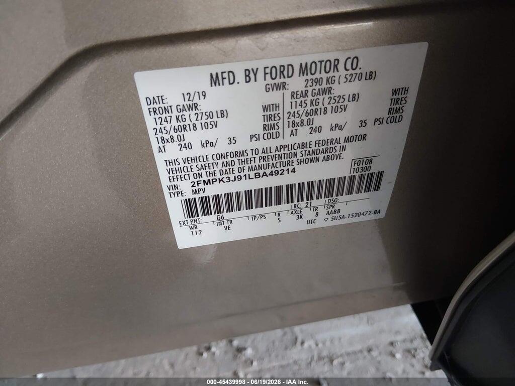 2FMPK3J91LBA49214 2020 FORD EDGE photo no. 9