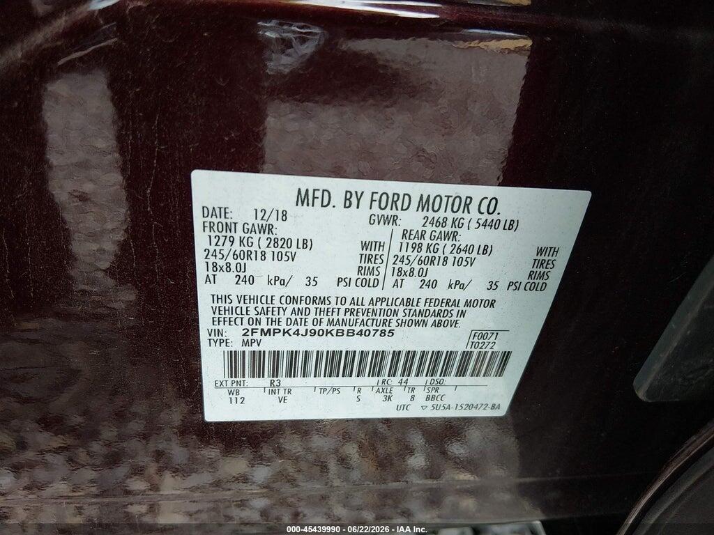 2FMPK4J90KBB40785 2019 FORD EDGE photo no. 9