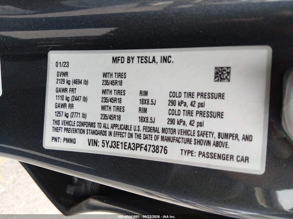 5YJ3E1EA3PF473876 2023 TESLA MODEL 3 photo no. 9