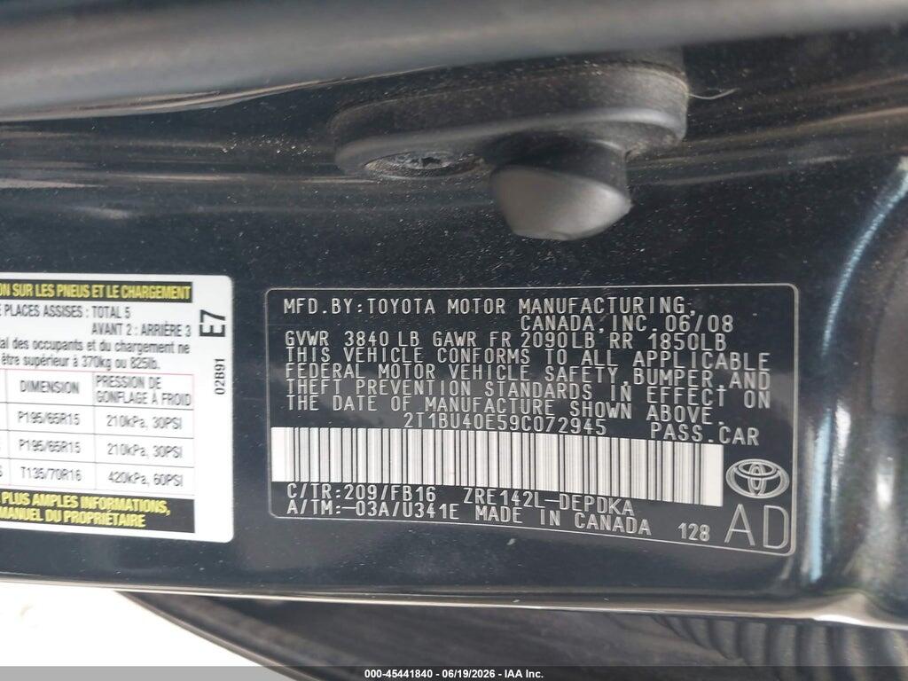2T1BU40E59C072945 2009 TOYOTA COROLLA photo no. 9