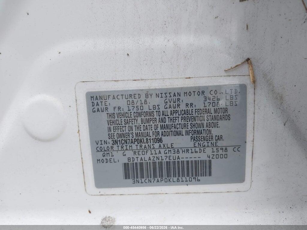3N1CN7AP0KL811096 2019 NISSAN VERSA photo no. 9
