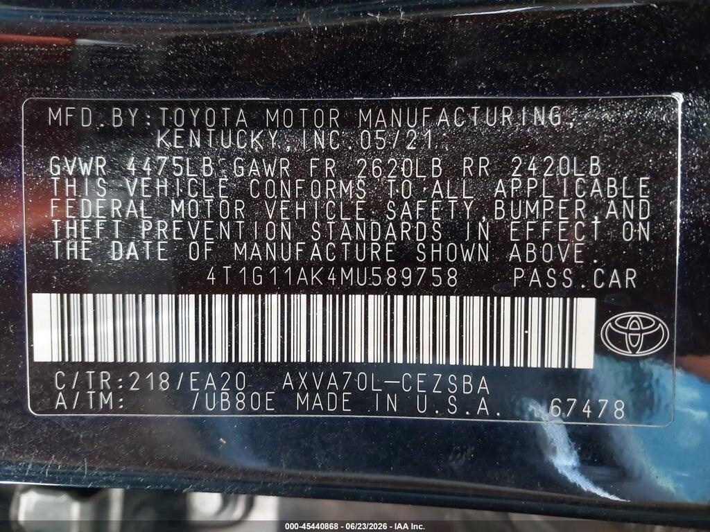 4T1G11AK4MU589758 2021 TOYOTA CAMRY photo no. 9