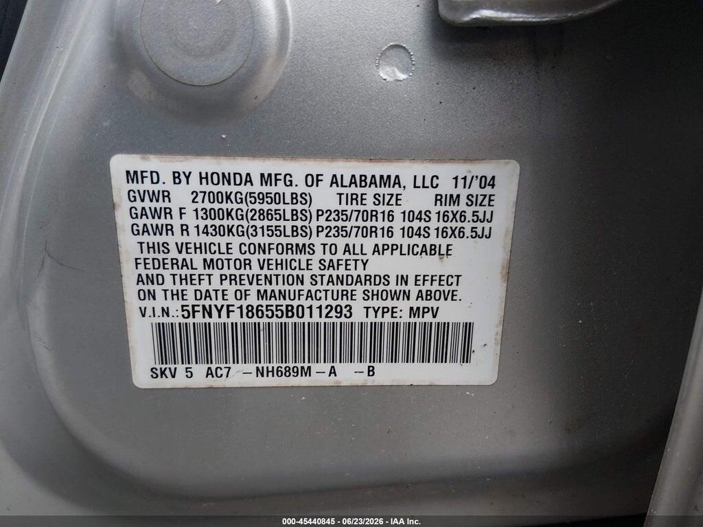 5FNYF18655B011293 2005 HONDA PILOT photo no. 9