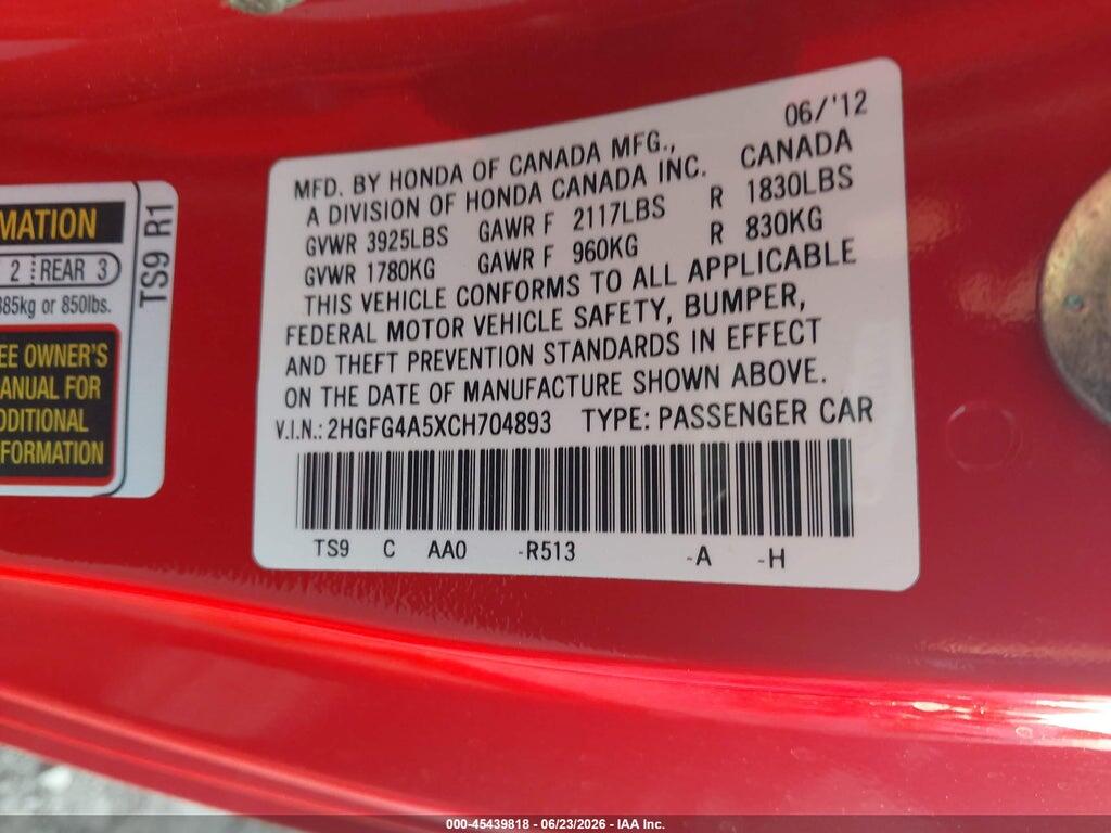 2HGFG4A5XCH704893 2012 HONDA CIVIC photo no. 9