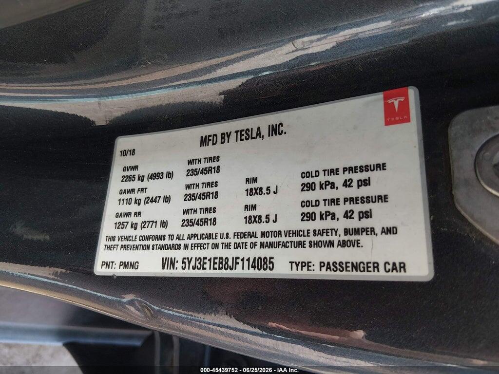 5YJ3E1EB8JF114085 2018 TESLA MODEL 3 photo no. 9