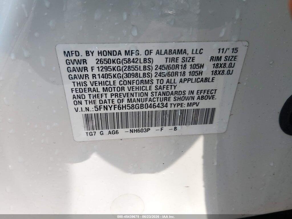 5FNYF6H58GB046434 2016 HONDA PILOT photo no. 9