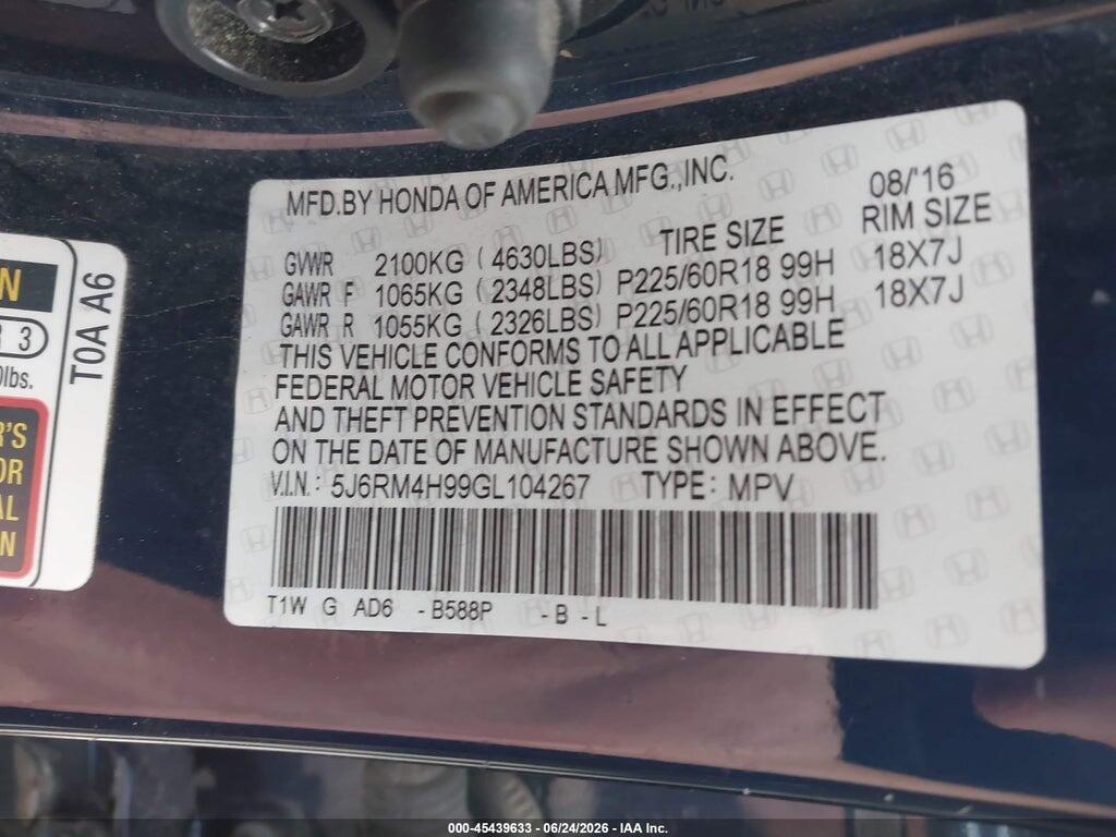 5J6RM4H99GL104267 2016 HONDA CR-V photo no. 9