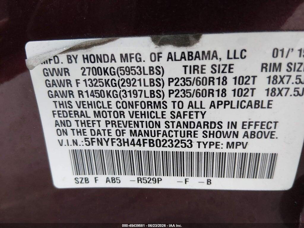 5FNYF3H44FB023253 2015 HONDA PILOT photo no. 9