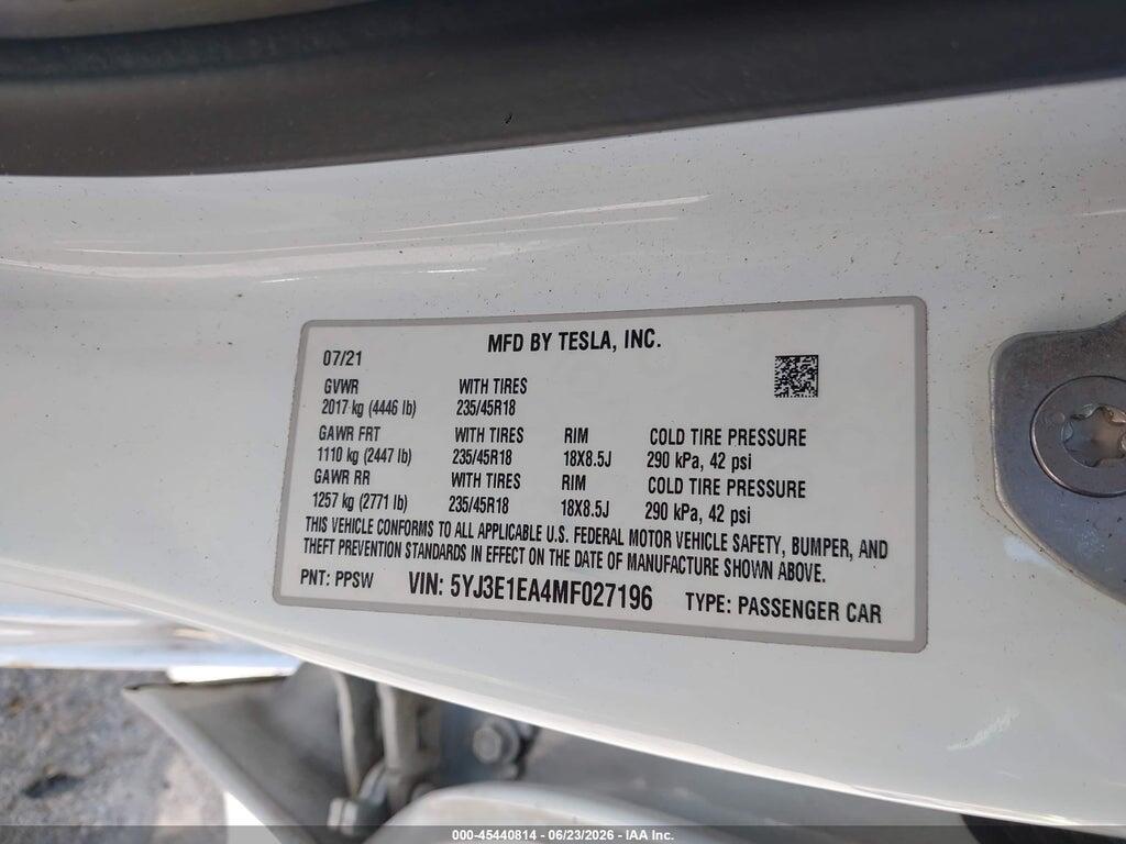 5YJ3E1EA4MF027196 2021 TESLA MODEL 3 photo no. 9