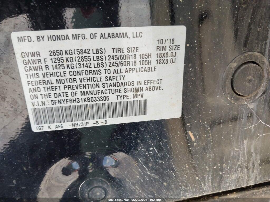 5FNYF6H31KB033306 2019 HONDA PILOT photo no. 9