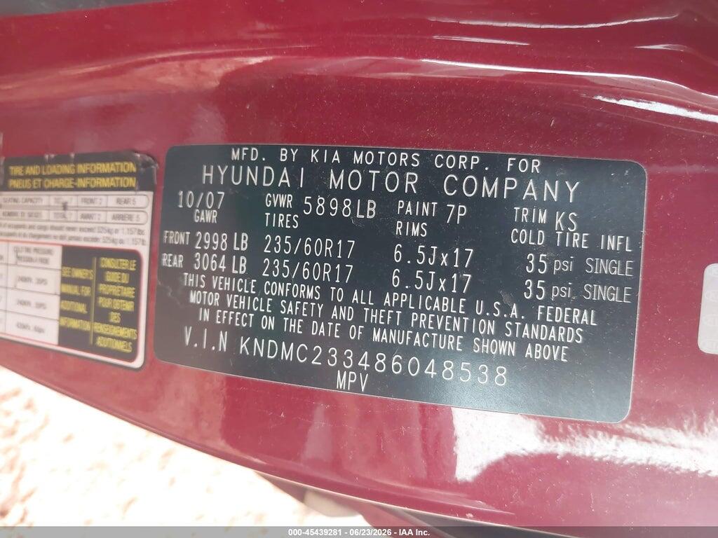 KNDMC233486048538 2008 HYUNDAI ENTOURAGE photo no. 9
