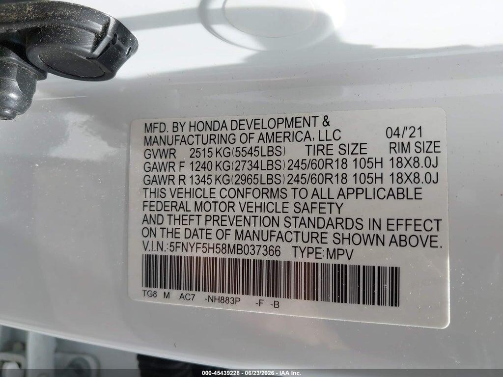 5FNYF5H58MB037366 2021 HONDA PILOT photo no. 9