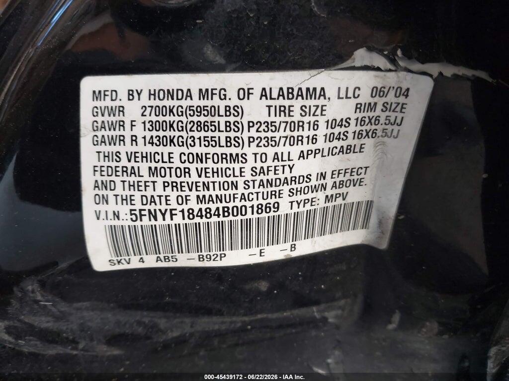 5FNYF18484B001869 2004 HONDA PILOT photo no. 9