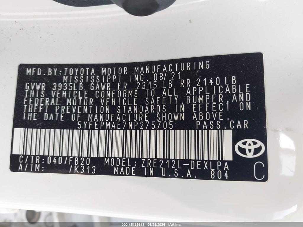 5YFEPMAE7NP275705 2022 TOYOTA COROLLA photo no. 9