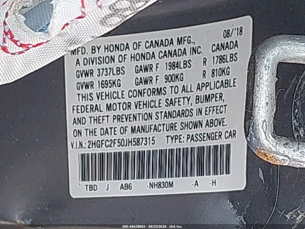 2HGFC2F50JH587315 2018 HONDA CIVIC photo no. 9