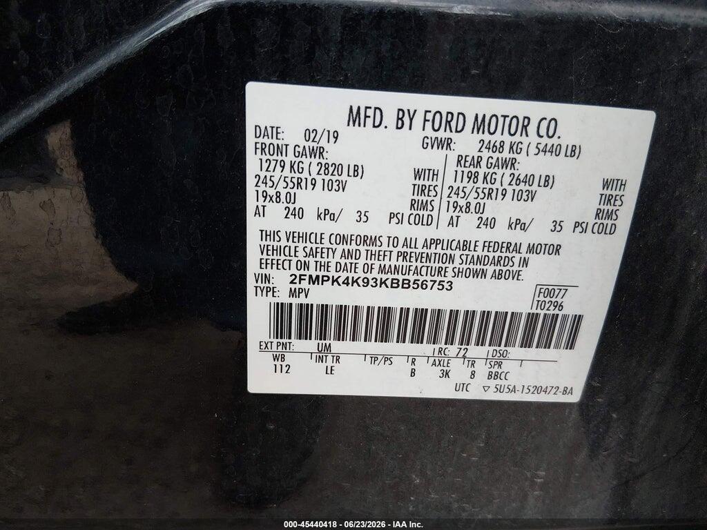2FMPK4K93KBB56753 2019 FORD EDGE photo no. 9