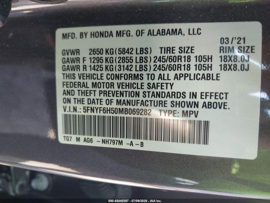 5FNYF6H50MB069282 2021 HONDA PILOT photo no. 9