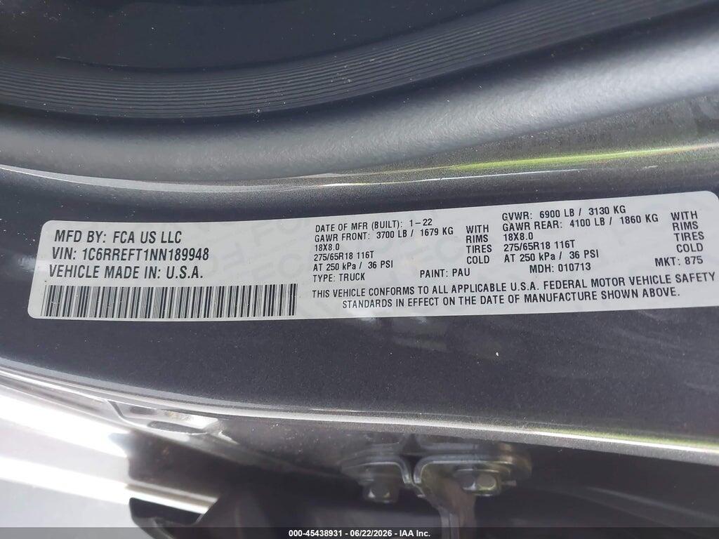 1C6RREFT1NN189948 2022 RAM 1500 photo no. 9