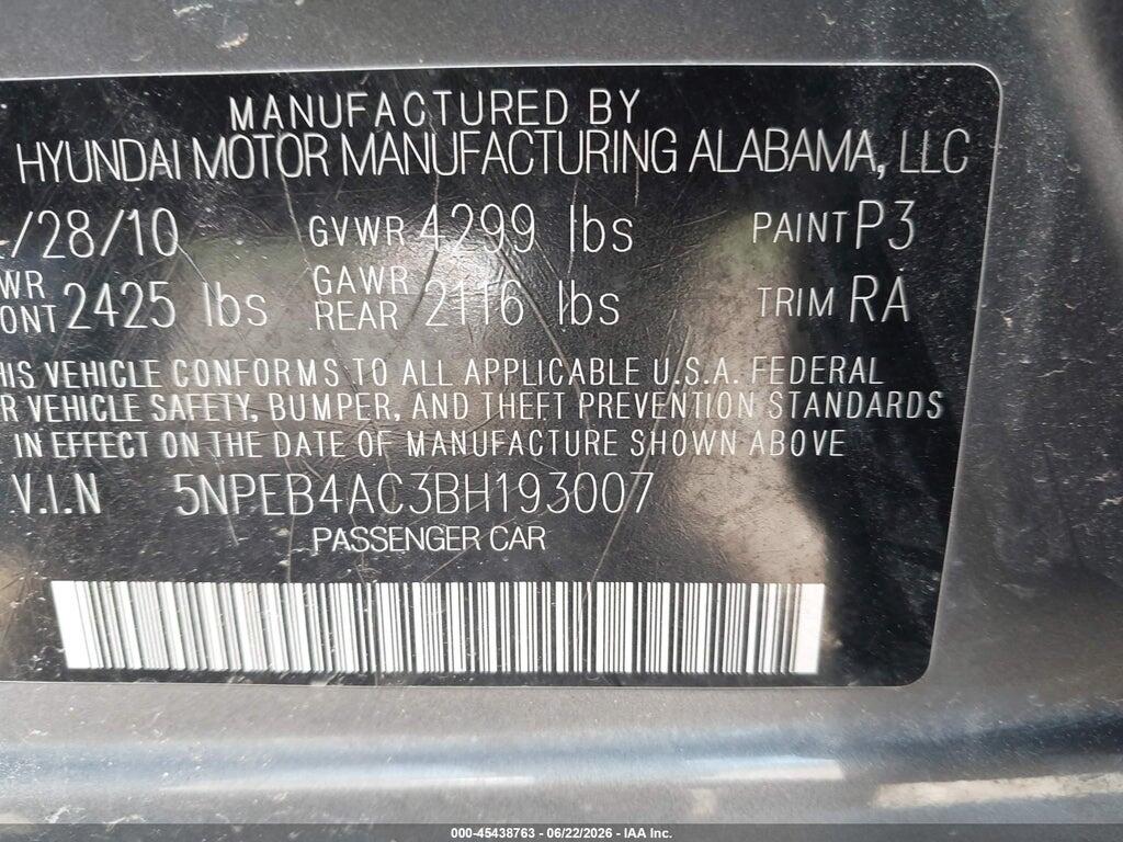 5NPEB4AC3BH193007 2011 HYUNDAI SONATA photo no. 9