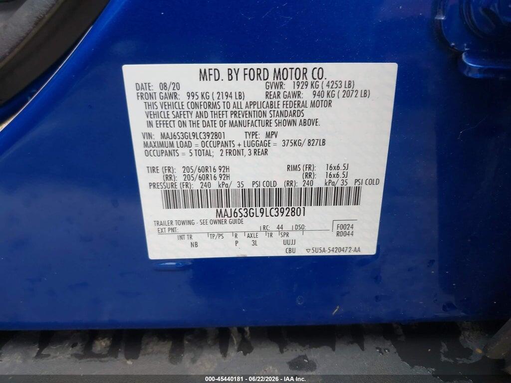 MAJ6S3GL9LC392801 2020 FORD ECOSPORT photo no. 9