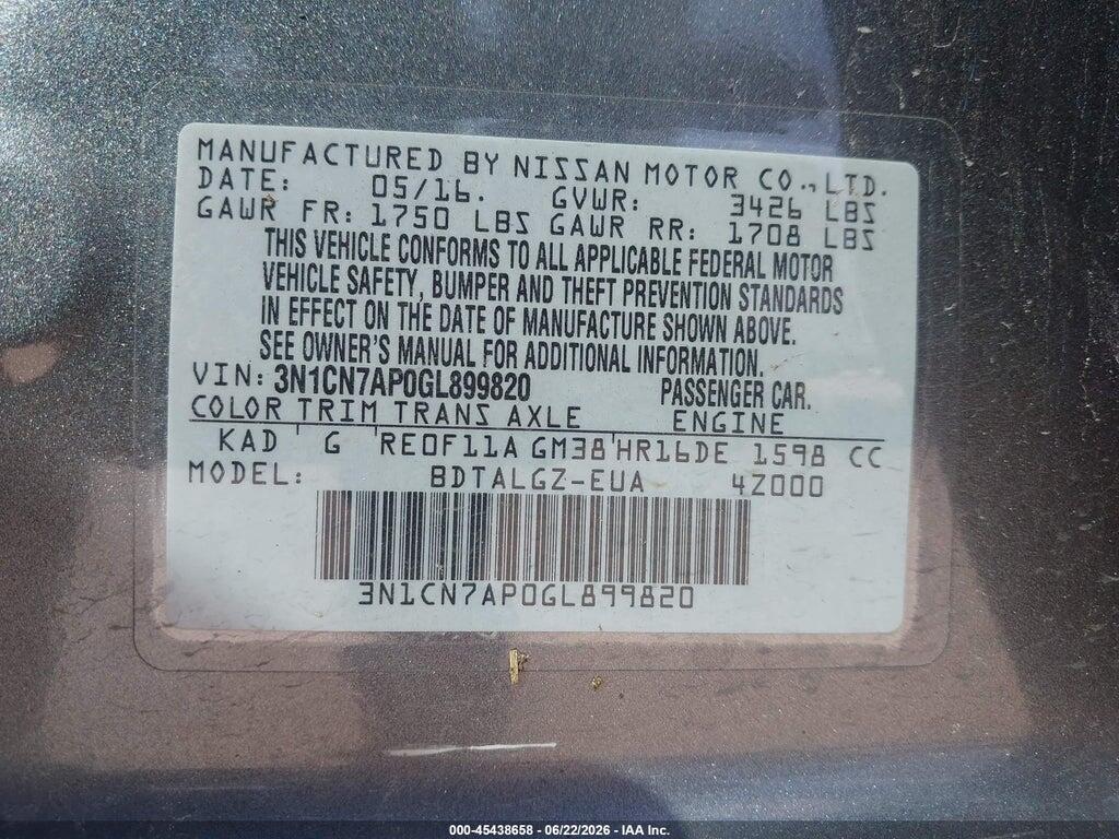 3N1CN7AP0GL899820 2016 NISSAN VERSA photo no. 9