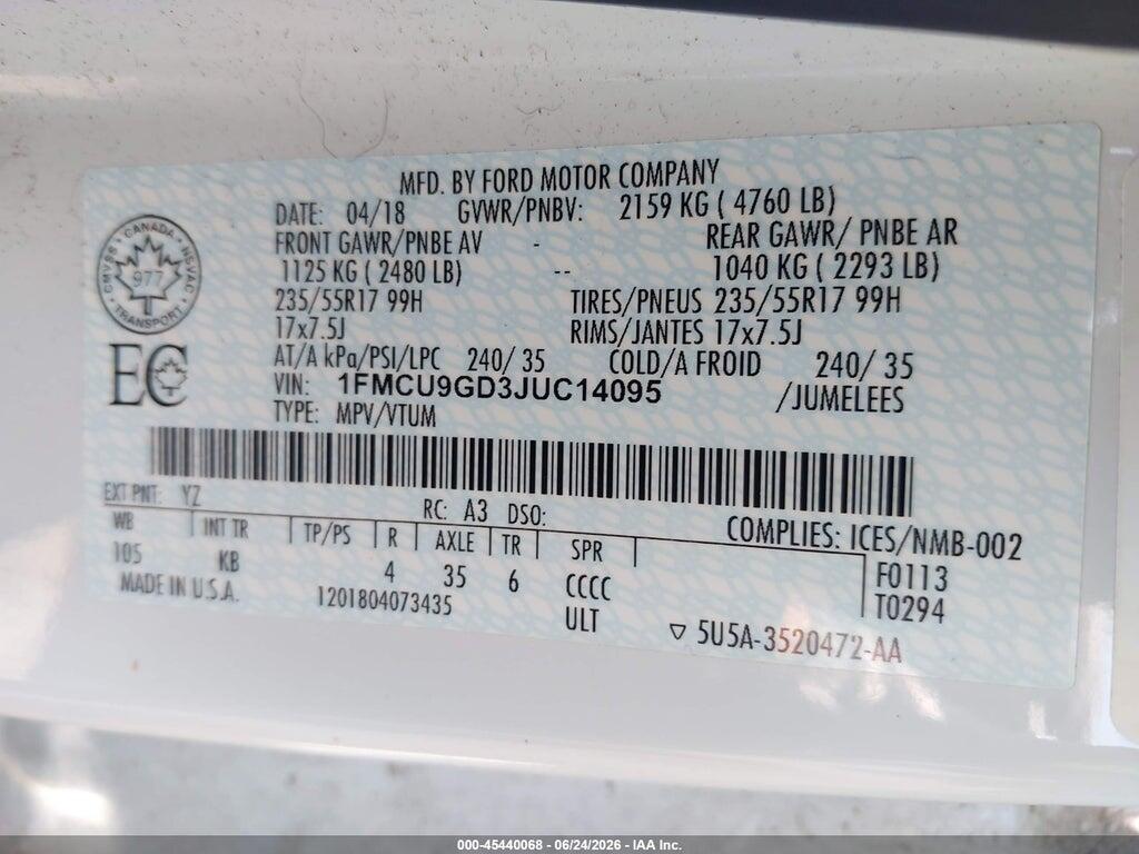 1FMCU9GD3JUC14095 2018 FORD ESCAPE photo no. 9