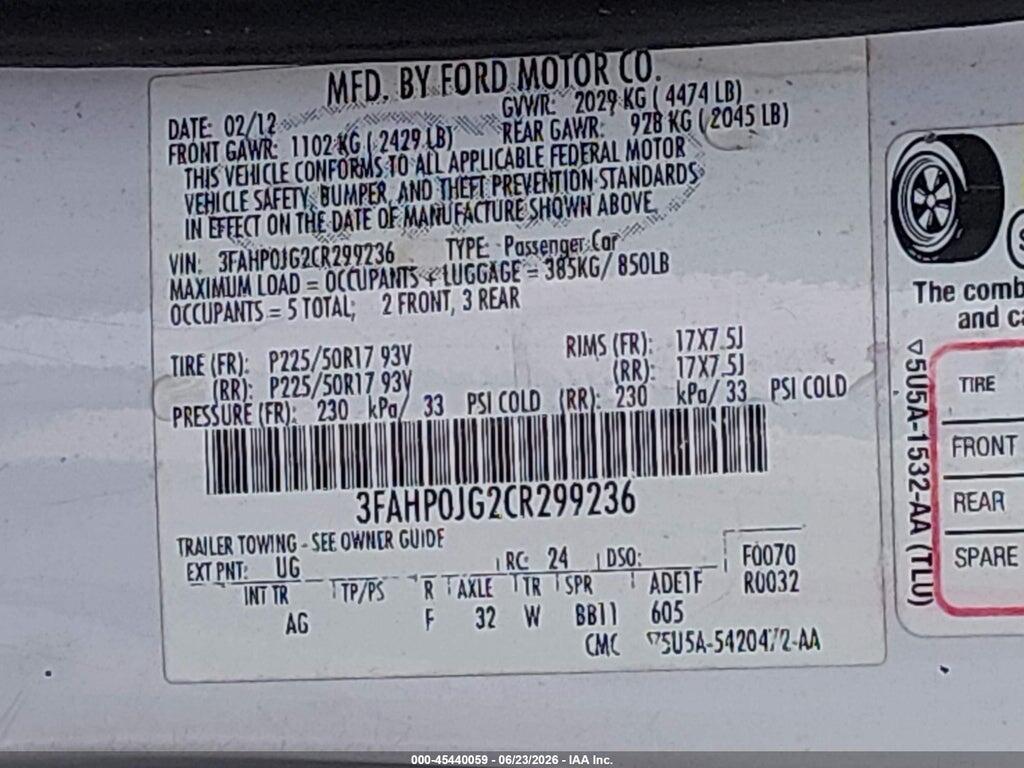 3FAHP0JG2CR299236 2012 FORD FUSION photo no. 9