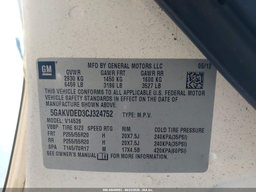 5GAKVDED3CJ324752 2012 BUICK ENCLAVE photo no. 9
