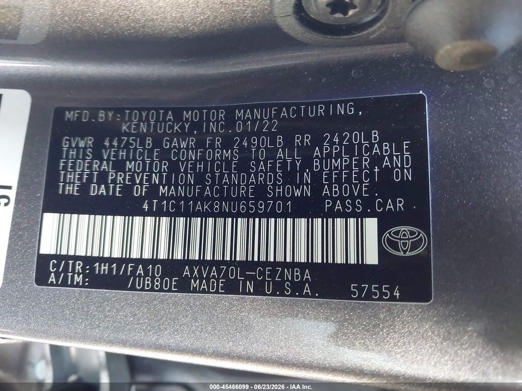 4T1C11AK8NU659701 2022 TOYOTA CAMRY photo no. 9