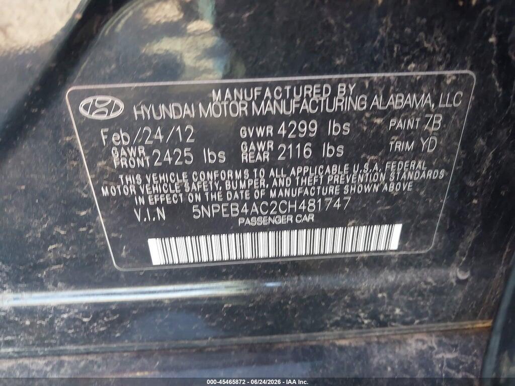 5NPEB4AC2CH481747 2012 HYUNDAI SONATA photo no. 9