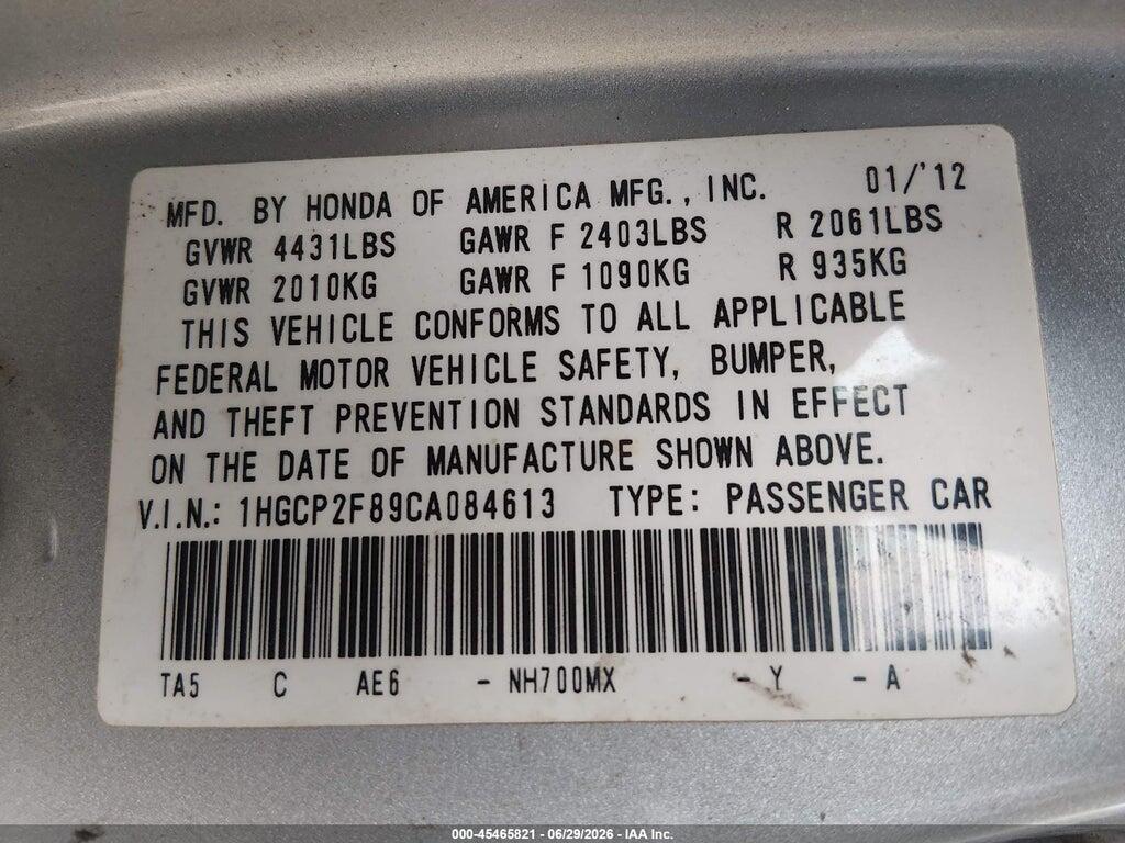 1HGCP2F89CA084613 2012 HONDA ACCORD photo no. 9