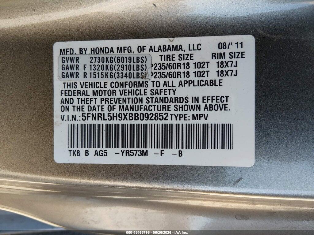 5FNRL5H9XBB092852 2011 HONDA ODYSSEY photo no. 9