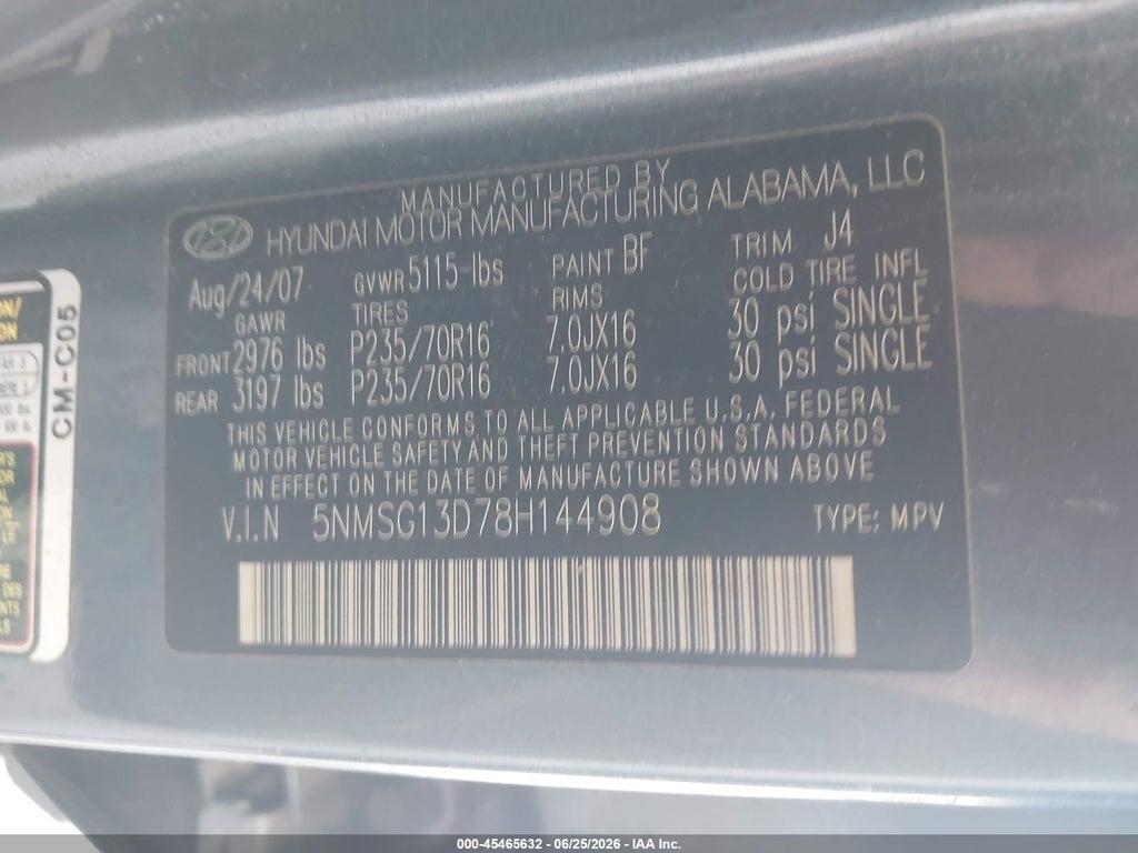 5NMSG13D78H144908 2008 HYUNDAI SANTA FE photo no. 9