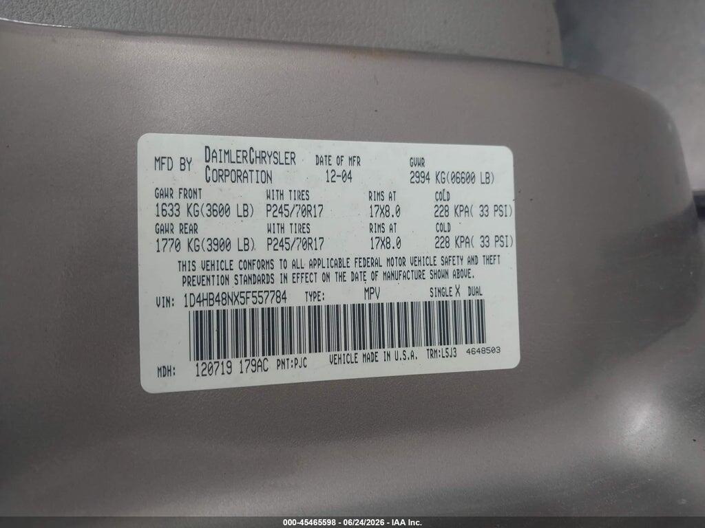 1D4HB48NX5F557784 2005 DODGE DURANGO photo no. 9