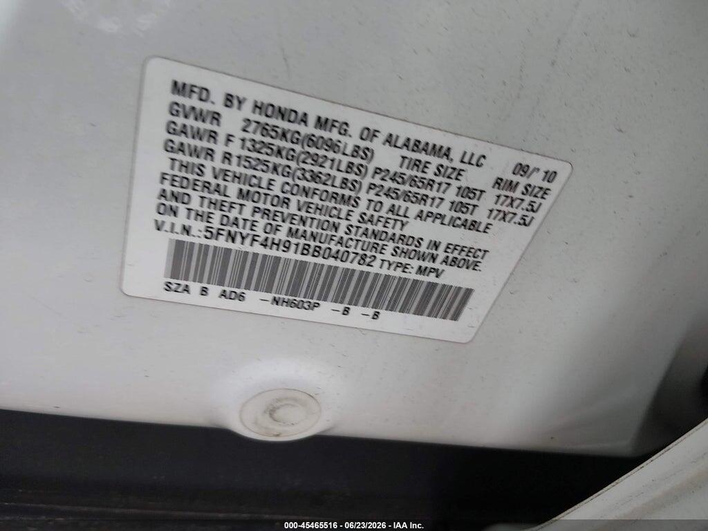 5FNYF4H91BB040782 2011 HONDA PILOT photo no. 9
