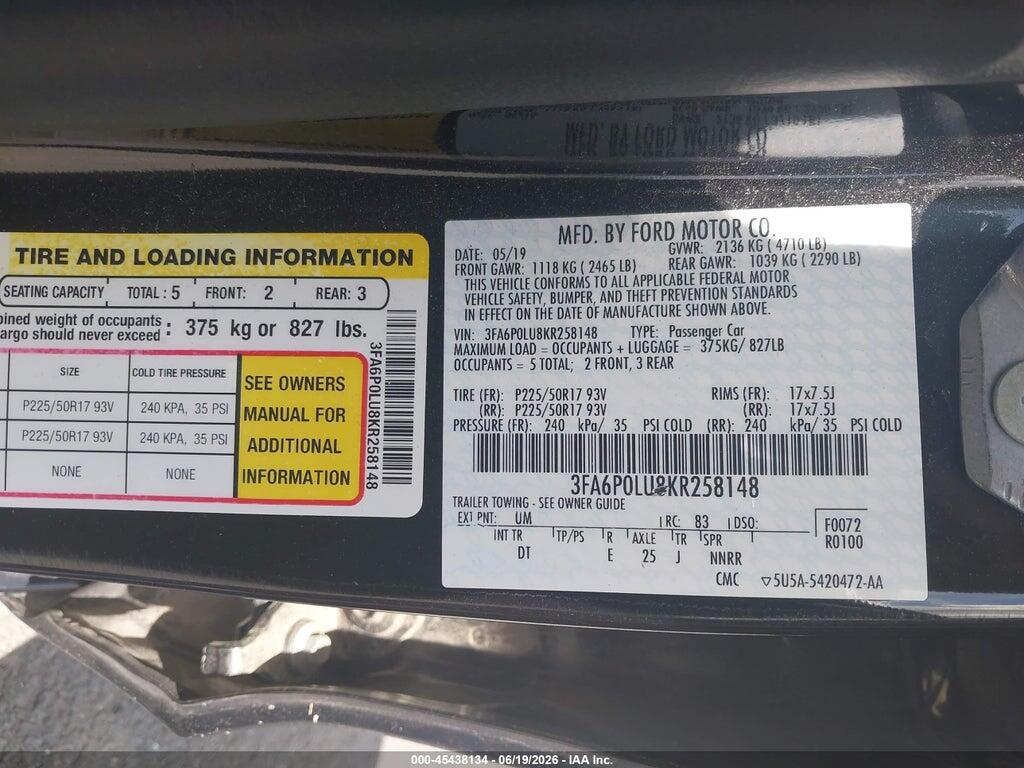3FA6P0LU8KR258148 2019 FORD FUSION HYBRID photo no. 9