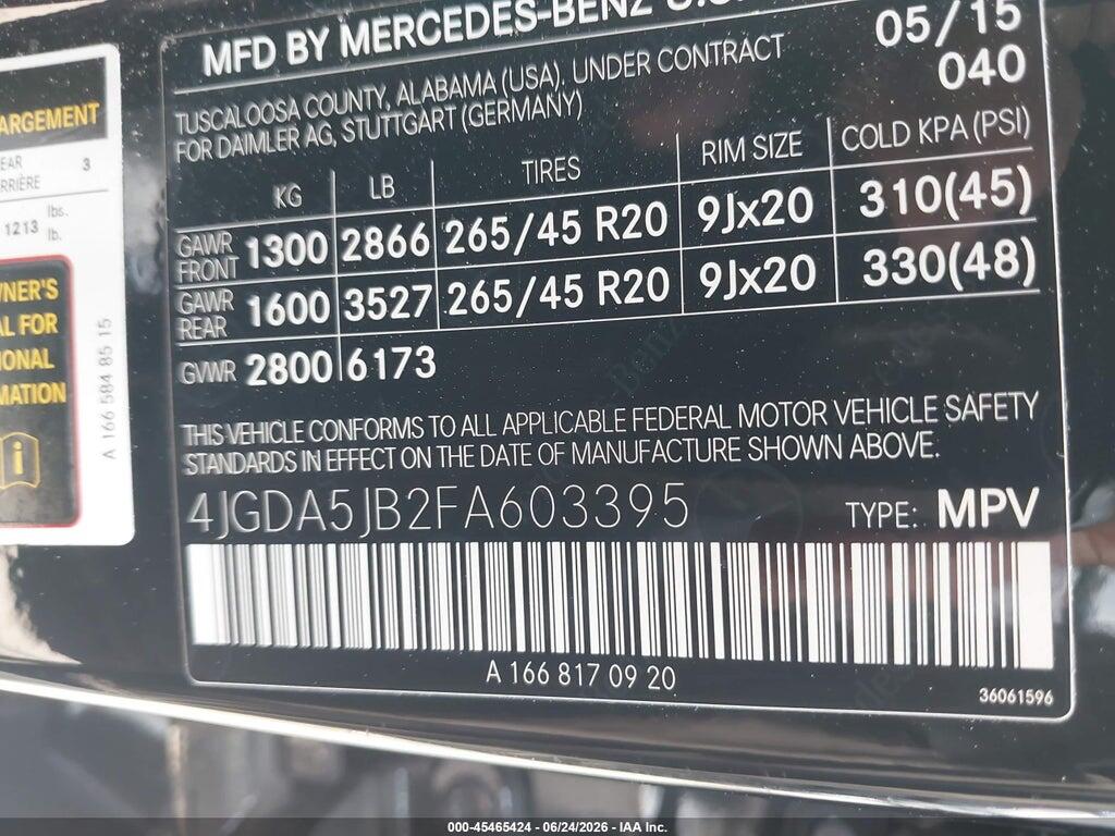 4JGDA5JB2FA603395 2015 MERCEDES-BENZ ML 350 photo no. 9