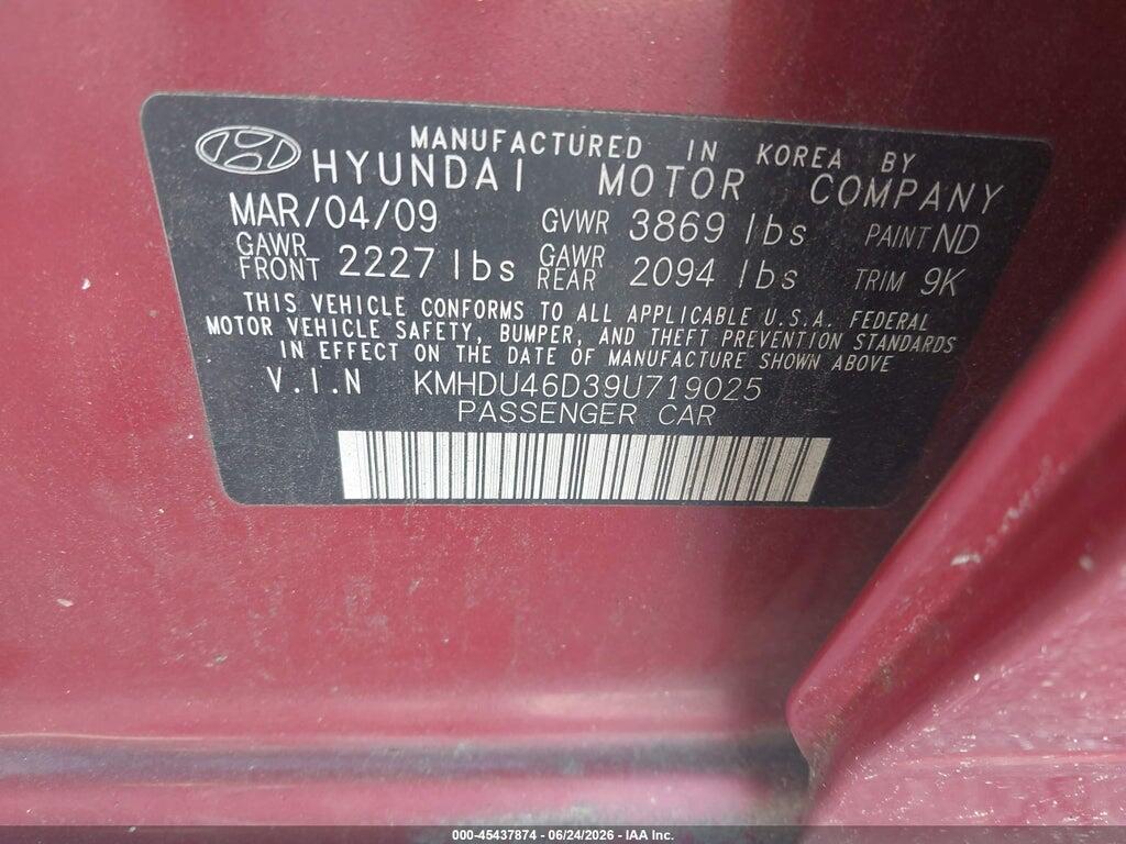 KMHDU46D39U719025 2009 HYUNDAI ELANTRA photo no. 9