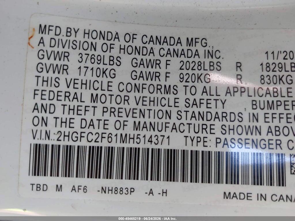 2HGFC2F61MH514371 2021 HONDA CIVIC photo no. 9