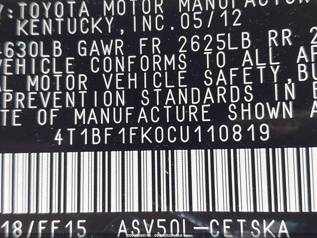 4T1BF1FK0CU110819 2012 TOYOTA CAMRY photo no. 9