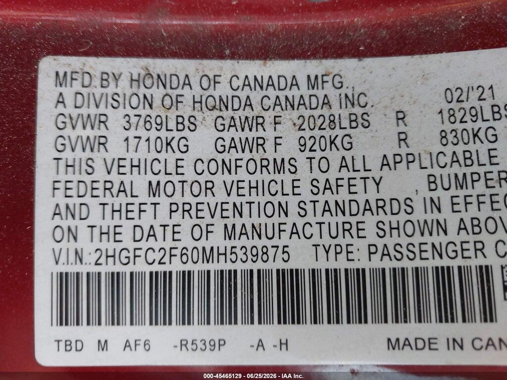 2HGFC2F60MH539875 2021 HONDA CIVIC photo no. 9
