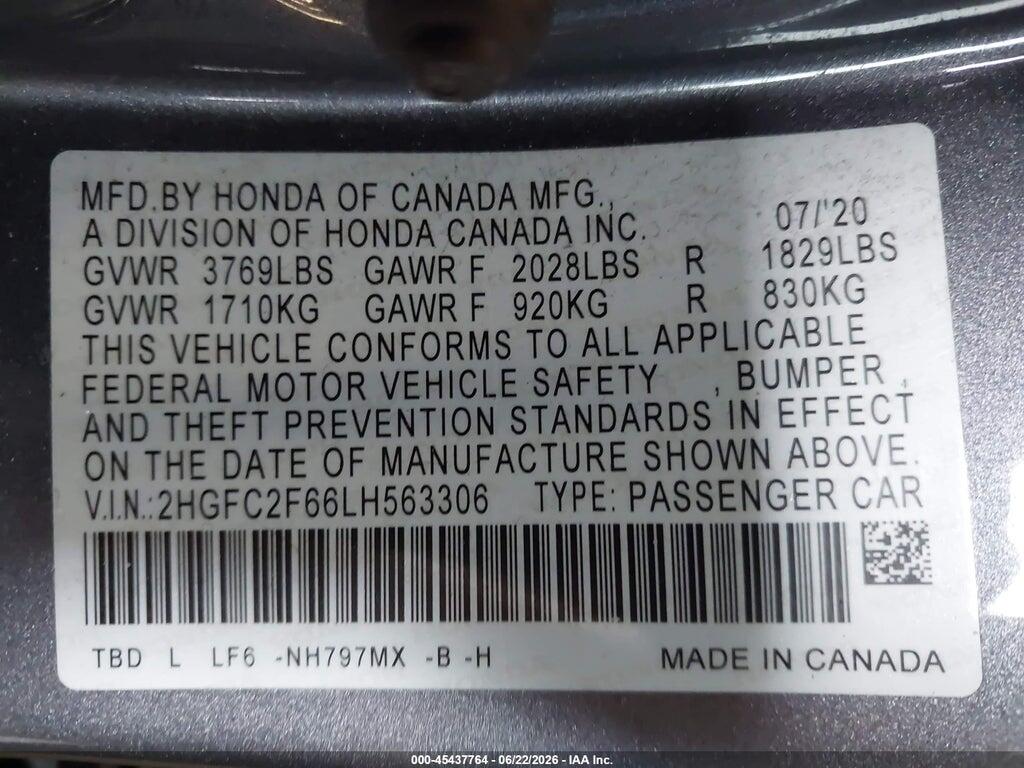 2HGFC2F66LH563306 2020 HONDA CIVIC photo no. 9