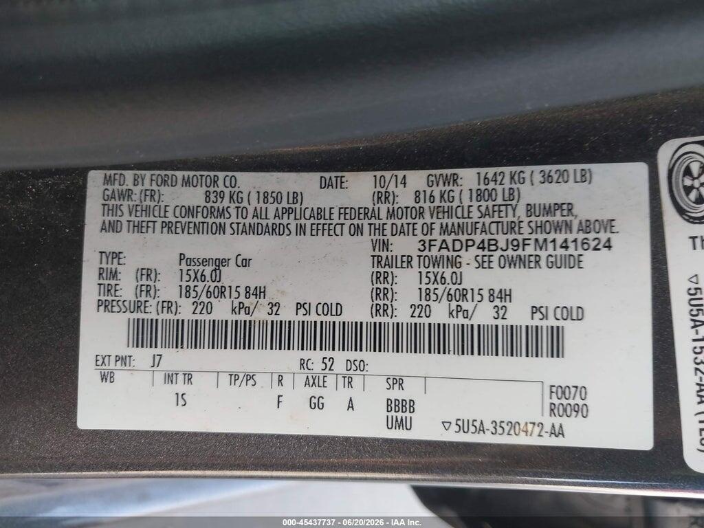 3FADP4BJ9FM141624 2015 FORD FIESTA photo no. 9