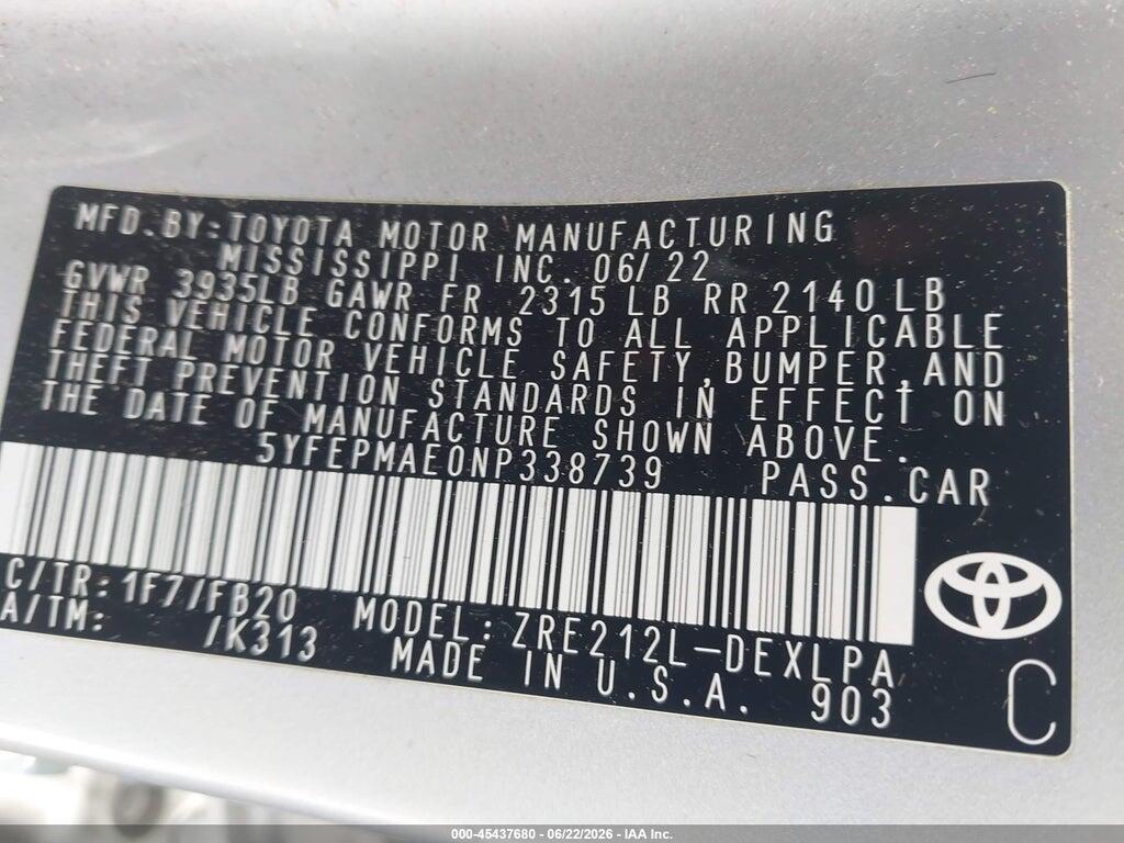 5YFEPMAE0NP338739 2022 TOYOTA COROLLA photo no. 9