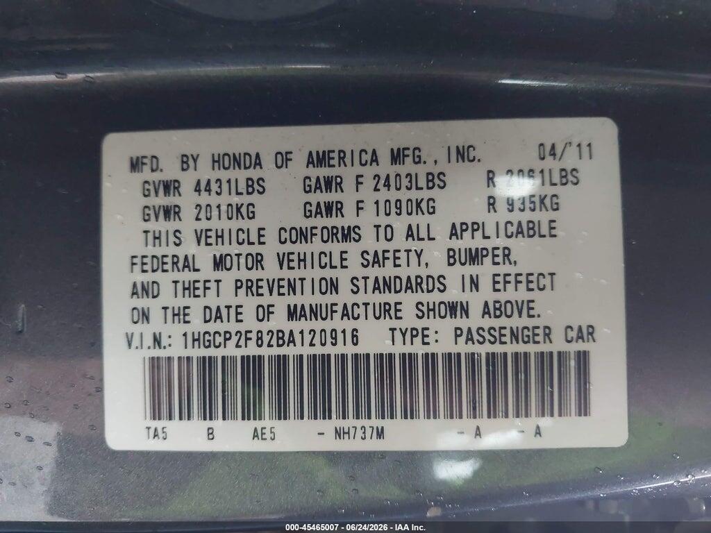 1HGCP2F82BA120916 2011 HONDA ACCORD photo no. 9