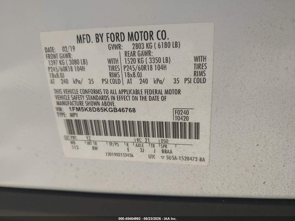 1FM5K8D85KGB46768 2019 FORD EXPLORER photo no. 9