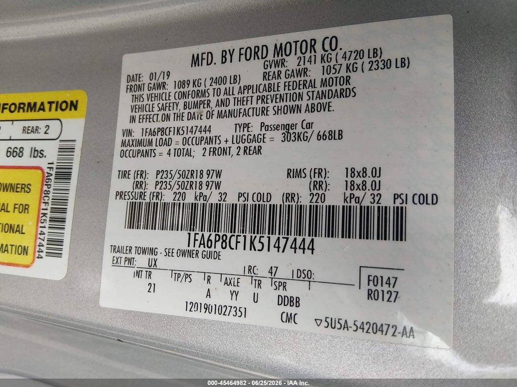 1FA6P8CF1K5147444 2019 FORD MUSTANG photo no. 9