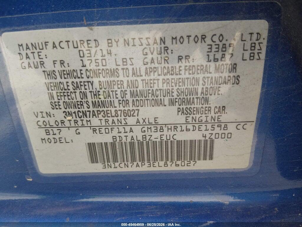 3N1CN7AP3EL876027 2014 NISSAN VERSA photo no. 9